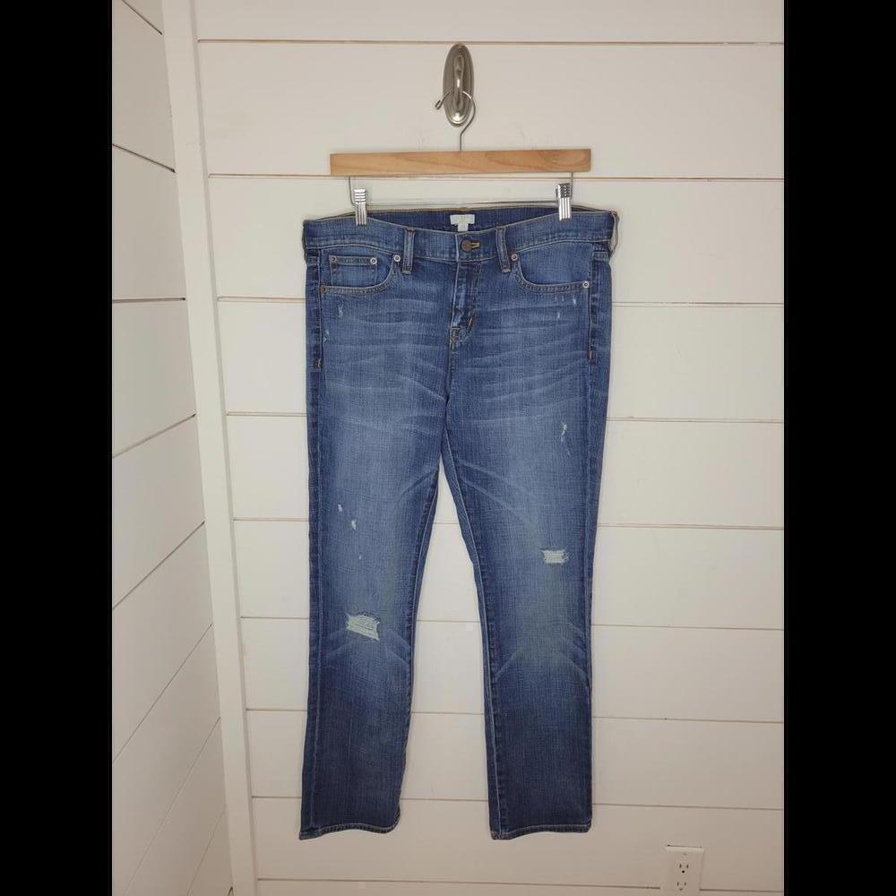 J Crew 29 blue distressed straight leg denim jeans